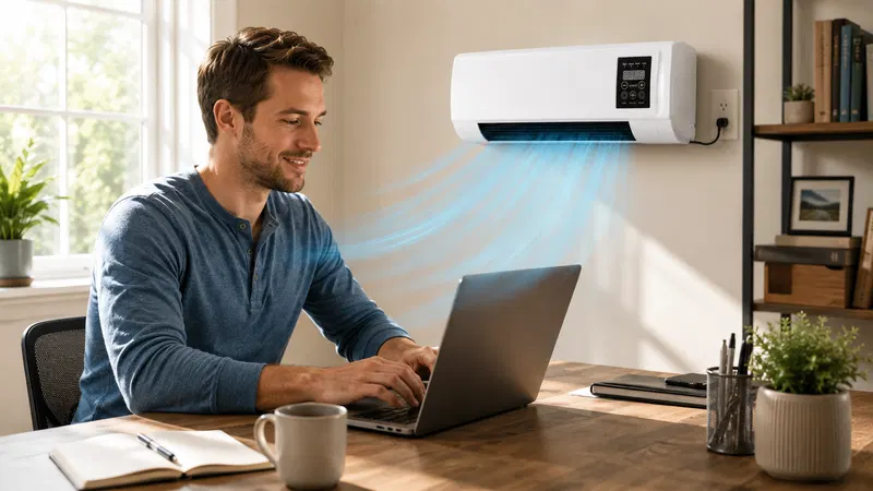Appareil compact Coolizi émettant une douce lueur bleue, rafraîchissant un salon lumineux.